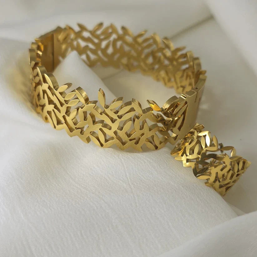 Leaf Bangle & Ring Set (Adjustable Ring)