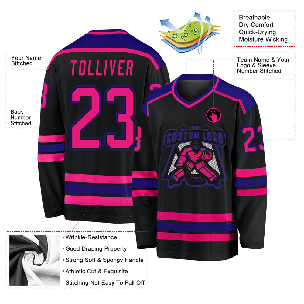 Custom Black Hot Pink-Dark Purple Hockey Jersey