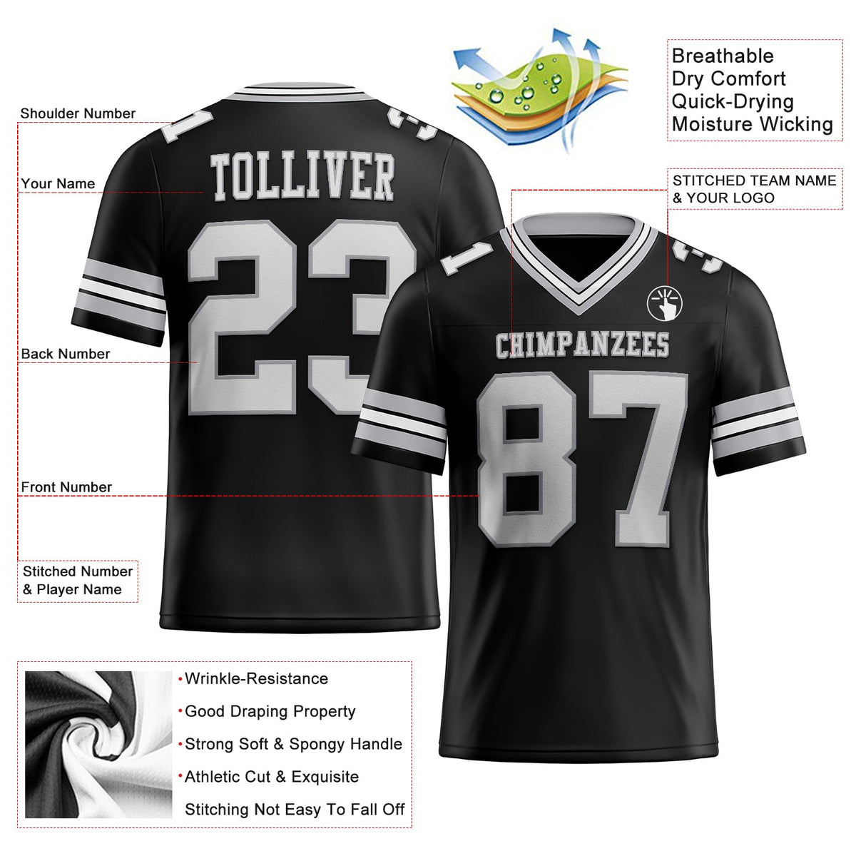 Custom Black White-Gray Authentic Football Jersey