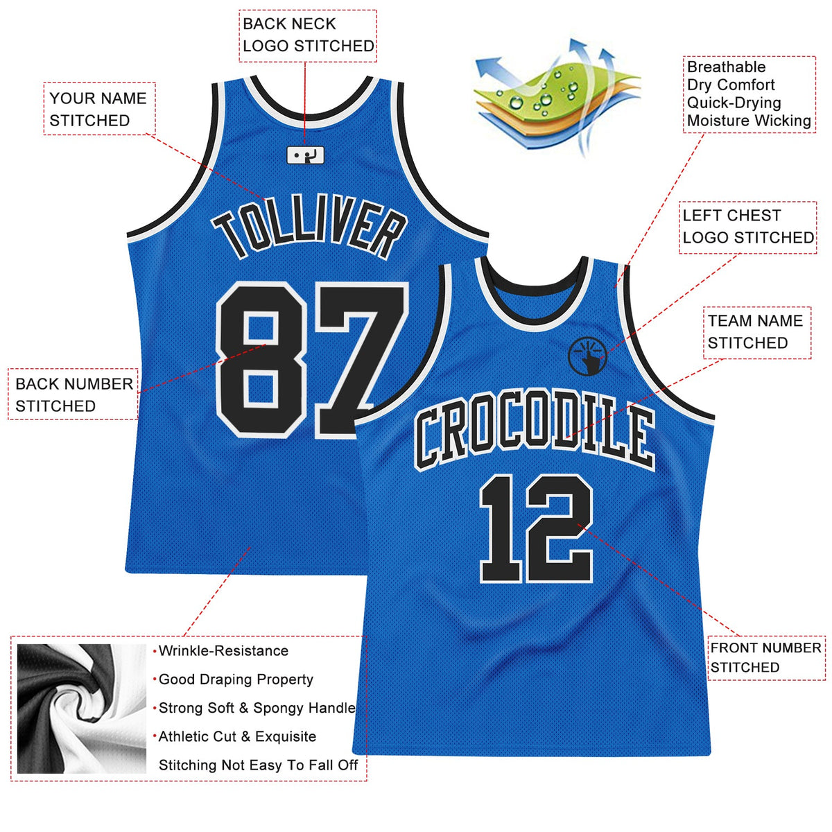 Custom Blue Black-White Authentic Throwback Basketball Jersey