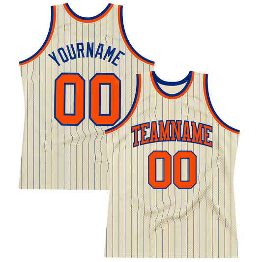 Custom Cream Royal Pinstripe Orange Authentic Basketball Jersey