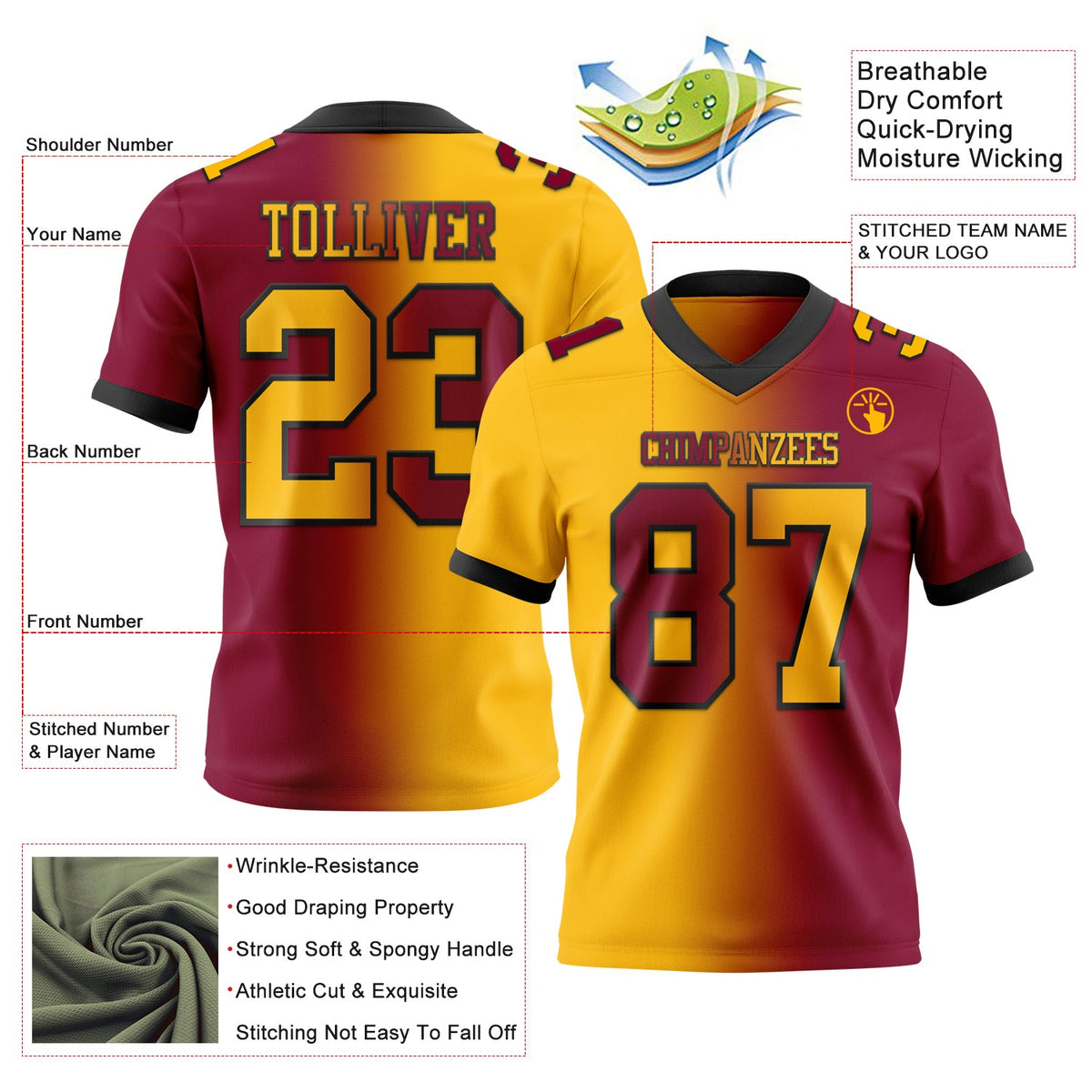 Custom Maroon Gold-Black Authentic Gradient Fashion Football Jersey