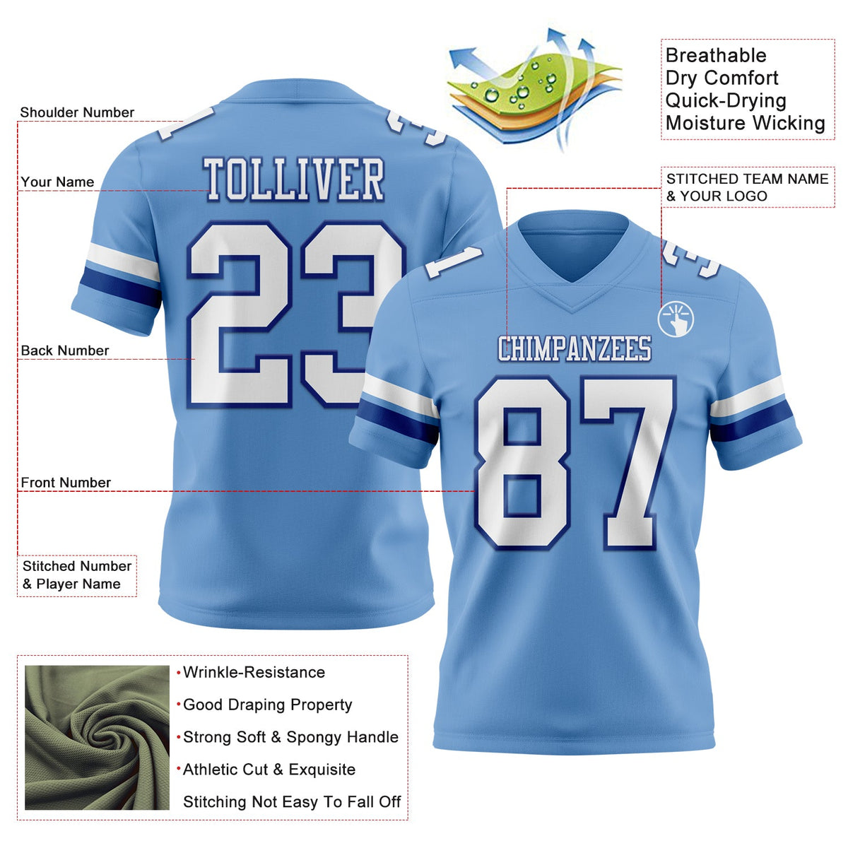 Custom Light Blue White-Royal Authentic Football Jersey
