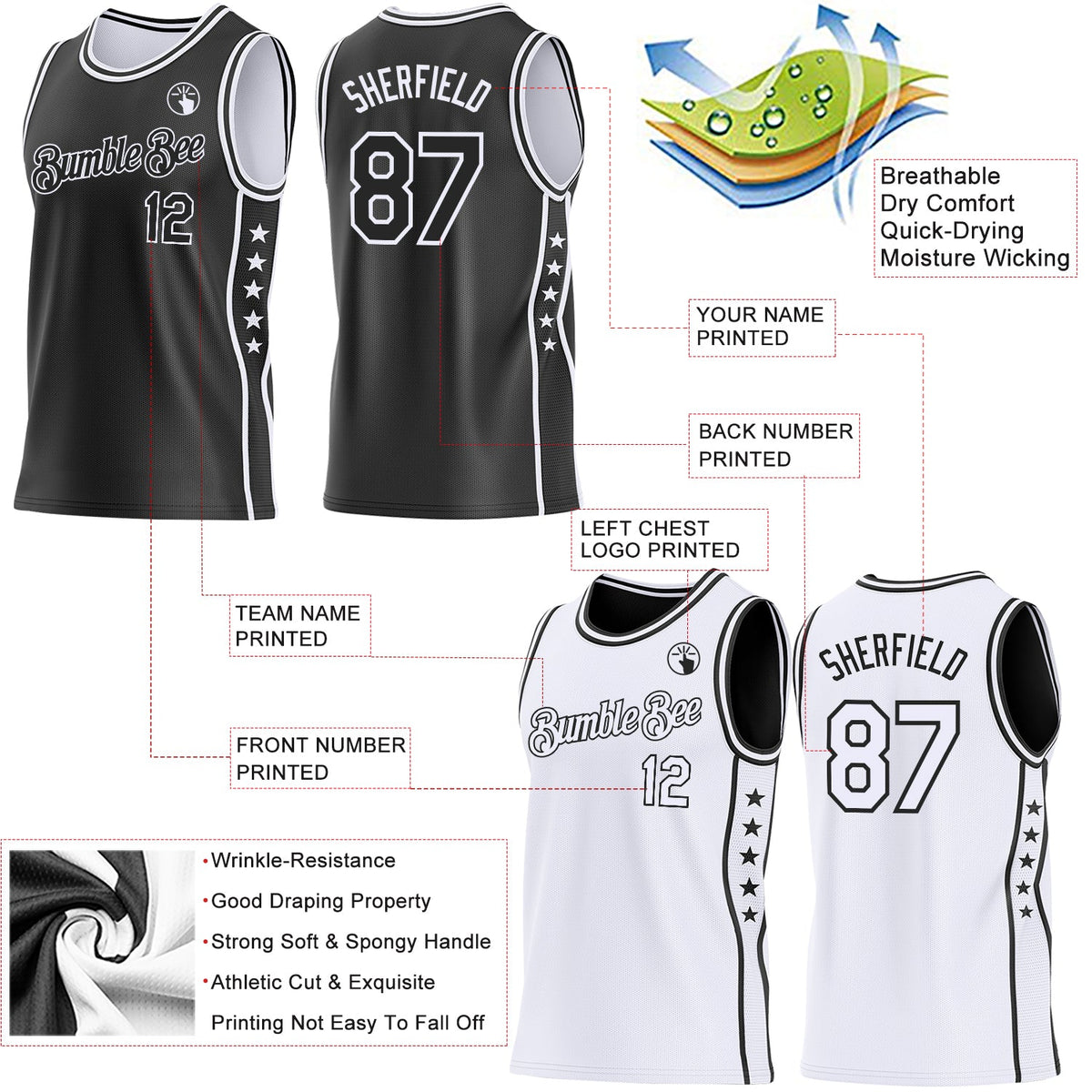 Custom Reversible Black White Double Side Star Sublimation Basketball Set Jersey