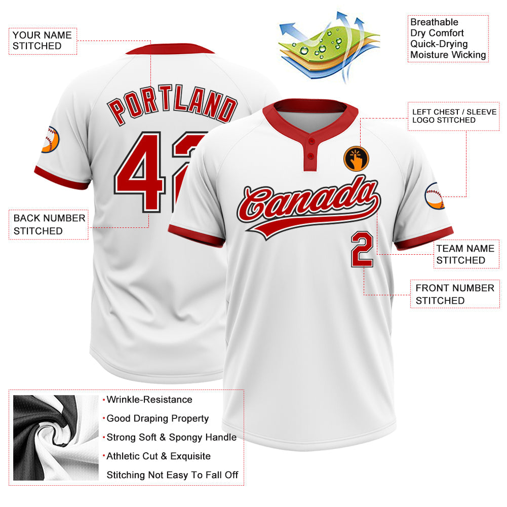 Custom White Red-Black Two-Button Unisex Softball Jersey