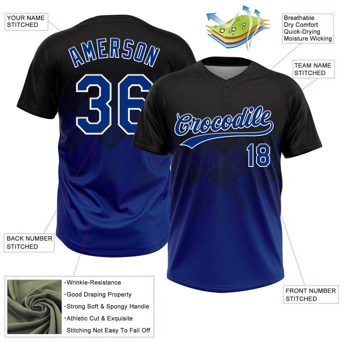 Custom Black Royal-White 3D Gradient Square Shape Two-Button Unisex Softball Jersey