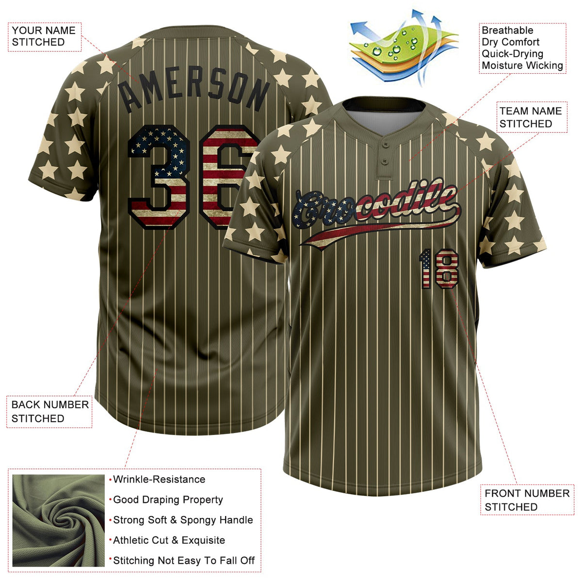 Custom Olive Cream Pinstripe Vintage USA Flag-Black Salute To Service Star Raglan Sleeves Two-Button Unisex Softball Jersey