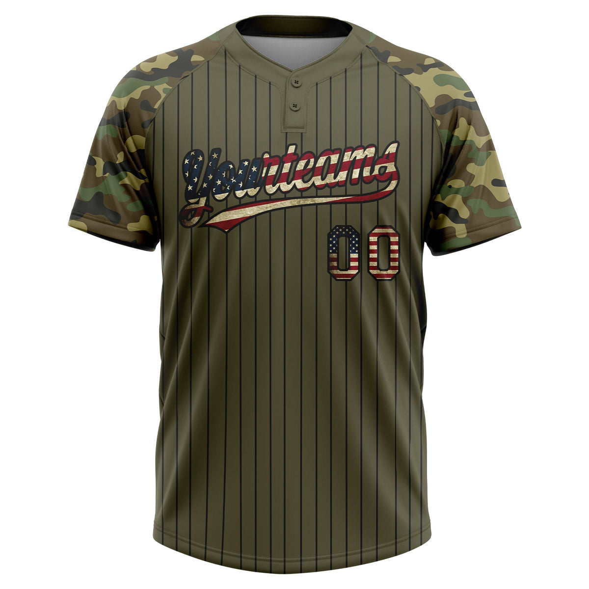 Custom Olive Black Pinstripe Vintage USA Flag Salute To Service Camo Raglan Sleeves Two-Button Unisex Softball Jersey