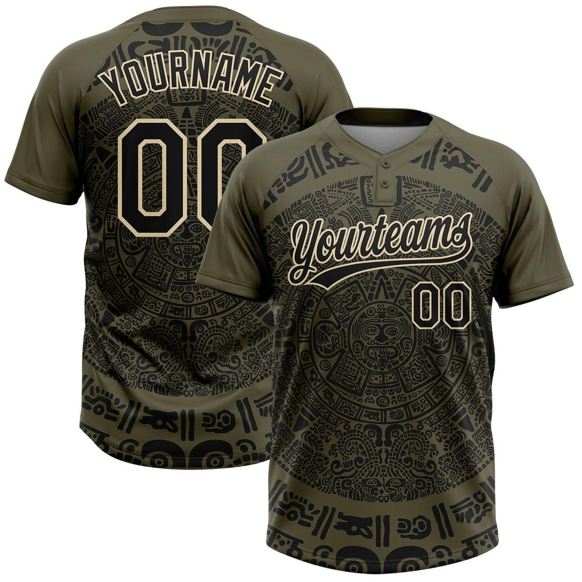 Custom Olive Black-Cream Ethnic Aztec Mexican Heritage Two-Button Unisex Softball Jersey