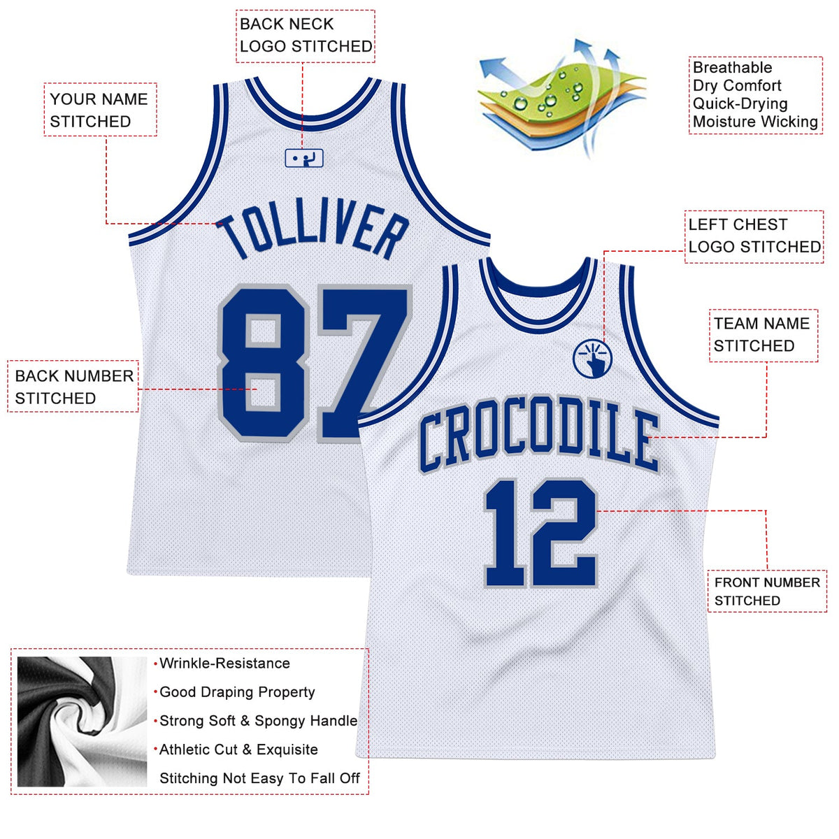Custom White Royal-Gray Authentic Throwback Basketball Jersey