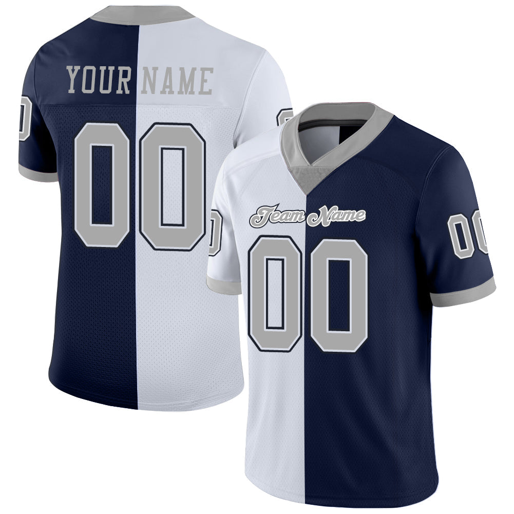 Custom Navy Gray-White Split Fashion Football Jersey
