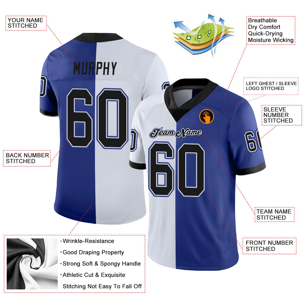 Custom Royal Black-White Split Fashion Football Jersey