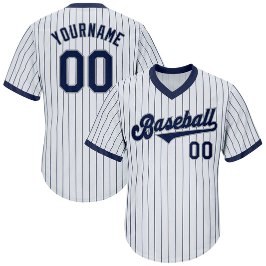 Custom White Navy Pinstripe Navy-Gray Authentic Rib-Knit Baseball Jersey Shirt
